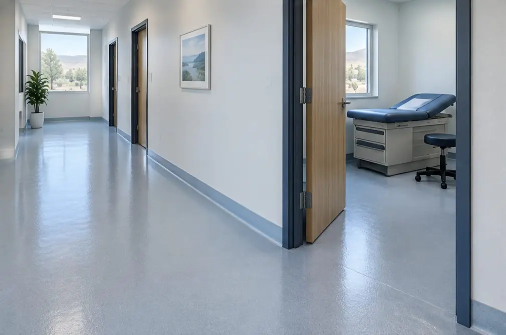 Illustration: a quiet clinic corridor with a seamless pale-blue-gray floor coating, a coved base at the wall and an open exam room door