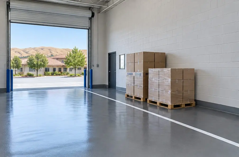 Illustration: a bright commercial interior floor in graphite epoxy with a painted yellow aisle line and a coved edge at the wall, seen from a loading dock door