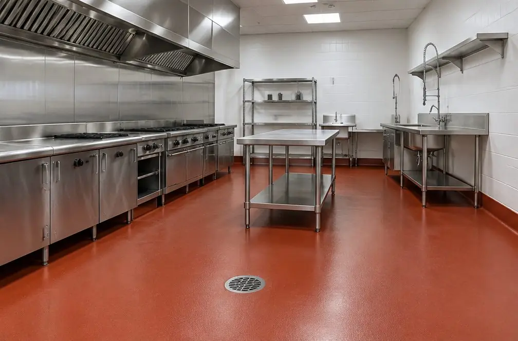 Illustration: a restaurant kitchen with a seamless terracotta-red urethane floor, stainless prep tables, a floor drain and a coved base at the walls