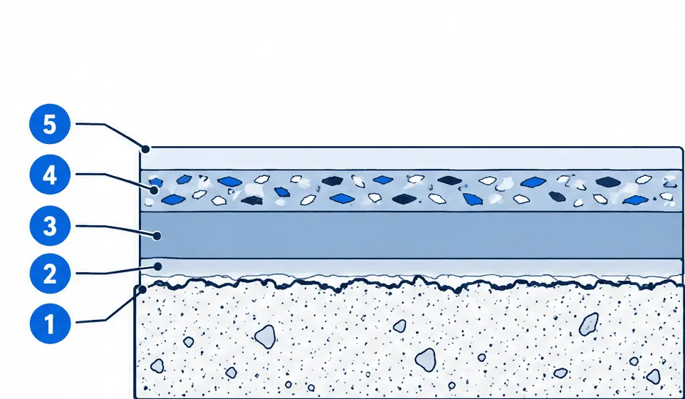 Diagram: cross-section of a flake epoxy garage floor, a ground concrete slab, a primer, a pigmented epoxy base coat, flake chips embedded in the base and a clear top coat over them