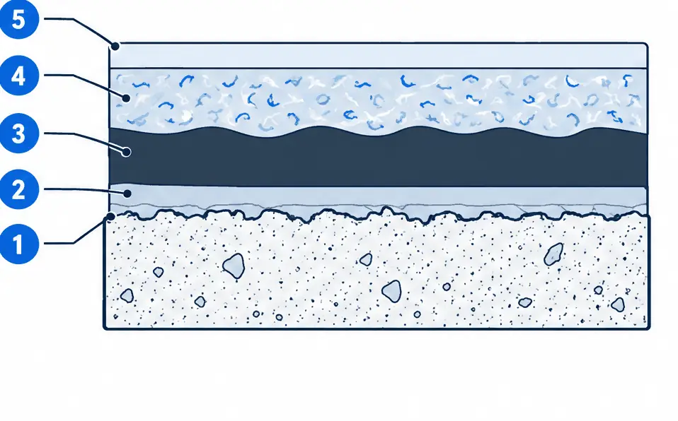 Diagram: cross-section of a metallic epoxy garage floor, a ground concrete slab, a primer, an opaque dark base coat, a clear epoxy layer carrying pearlescent pigment swirls and a clear glossy top coat