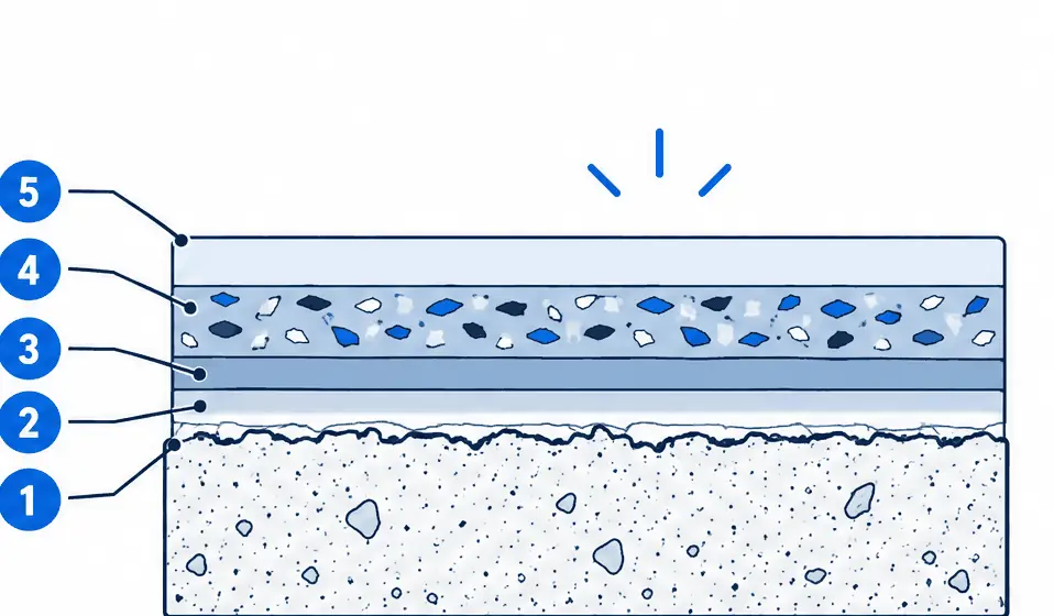Diagram: cross-section of a polyaspartic flake garage floor, a ground concrete slab, a thin primer, a thin polyaspartic base coat with flakes and a polyaspartic clear top coat under a sun symbol