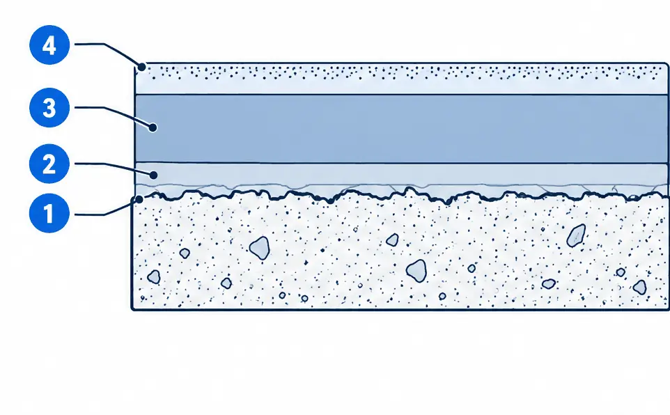 Diagram: cross-section of a solid color epoxy garage floor, a ground concrete slab, a primer, a pigmented epoxy build coat and a clear top coat with fine grit particles near its surface