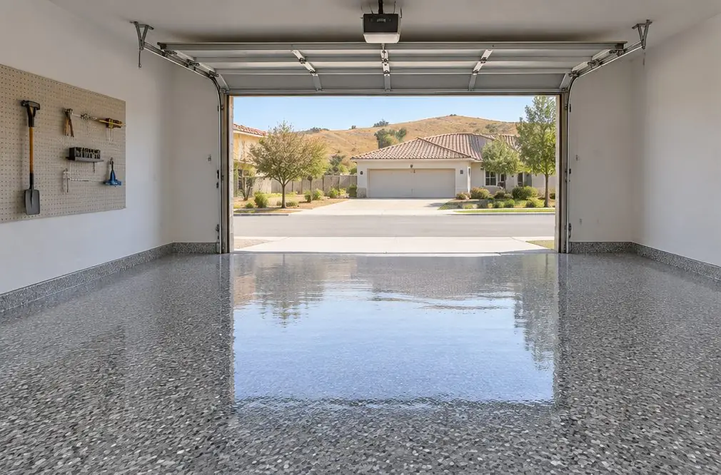 Illustration: a two-car garage floor in gray, charcoal and white flakes under a glossy clear coat, the door open to afternoon light