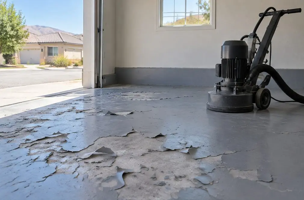 Illustration: a garage floor with curling gray paint and exposed concrete patches beside a grinder with a dust hose, ready for removal