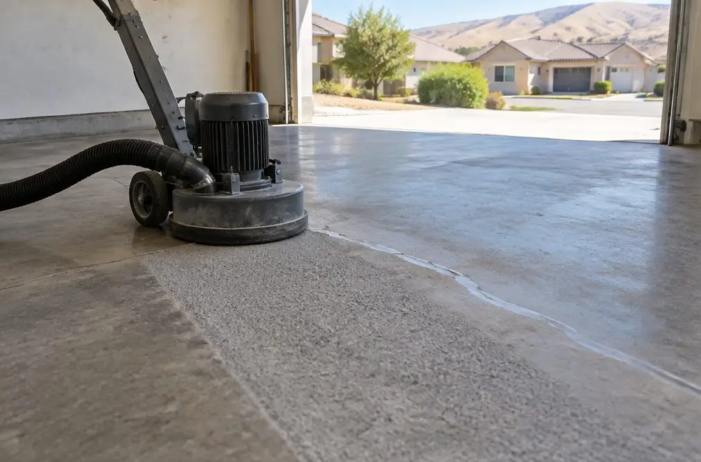 Illustration: a dust-shrouded diamond grinder with a vacuum hose on a bare concrete garage floor, a small crack already filled and ground flush beside it