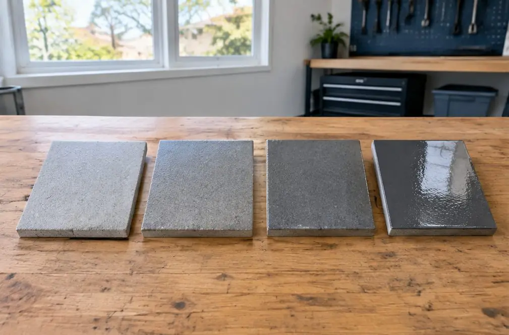 Illustration: four small coated concrete sample tiles lined up on a garage workbench, each in a different gray finish, under a bright window
