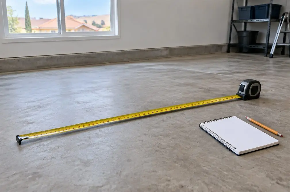 Illustration: a tape measure stretched across a bare concrete garage floor with a small notebook and a pencil beside it