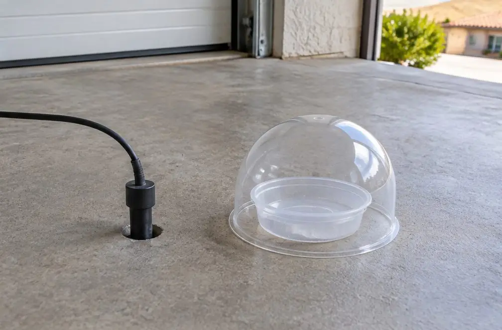 Illustration: a small sealed humidity probe in a drilled hole in a garage slab beside a calcium chloride test dish under a clear cover