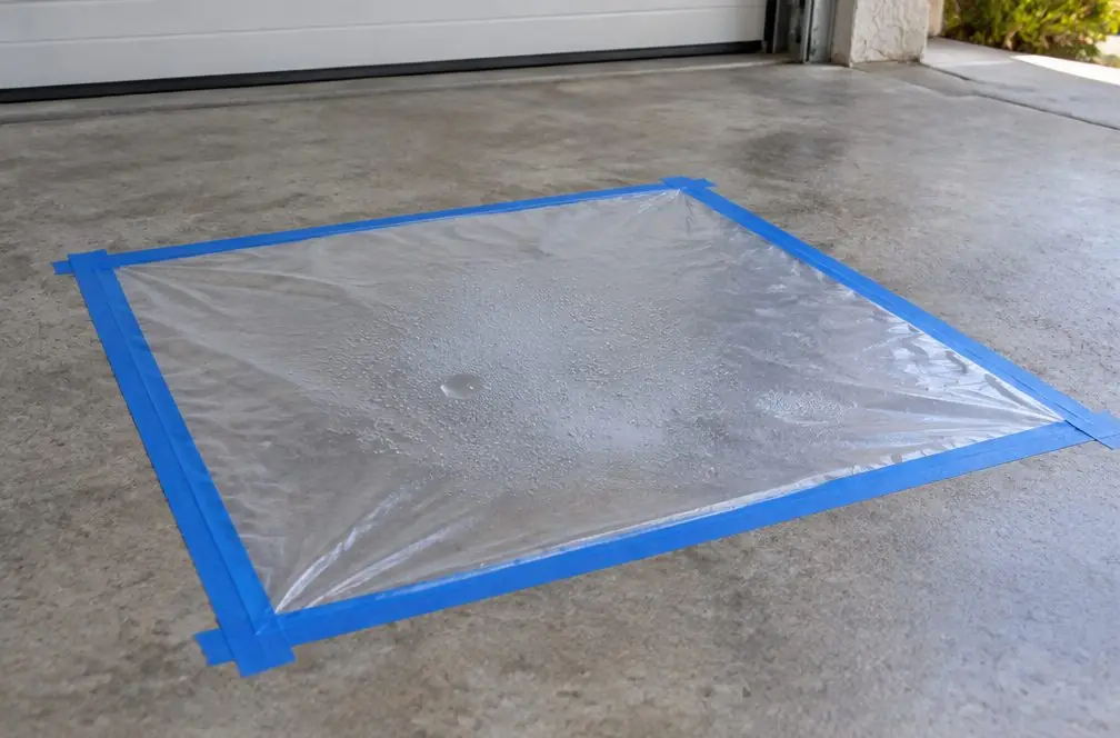 Illustration: a square of clear plastic sheeting taped at its edges to a bare garage slab, with a small drop of condensation visible underneath
