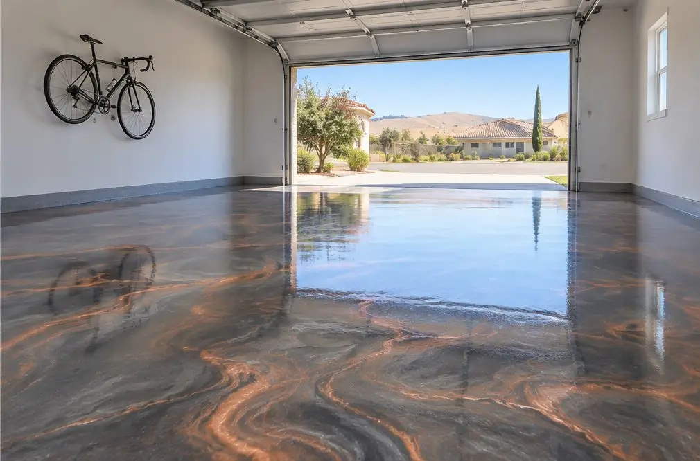 Illustration: a showpiece garage floor in swirled graphite and copper metallic epoxy under a glossy clear coat, reflecting an open garage door