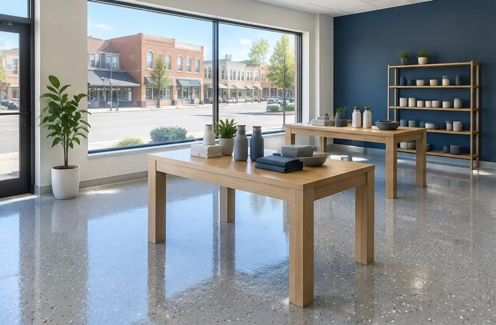 Illustration: a bright retail showroom with a glossy warm-gray flake epoxy floor, display tables and a front window facing a downtown street