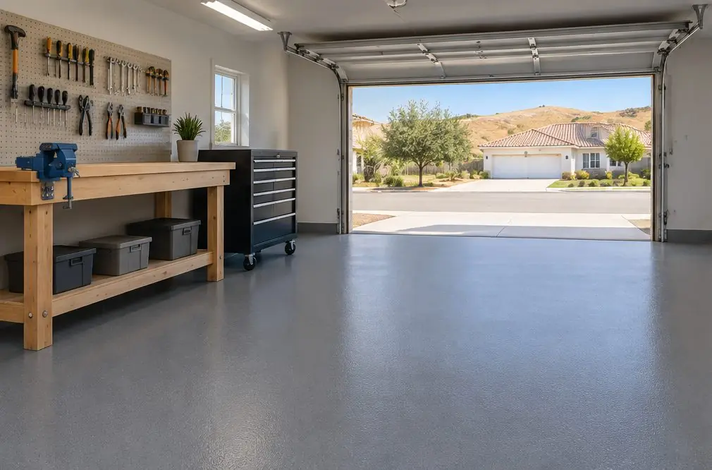 Illustration: a smooth medium-gray solid color epoxy floor in a one-car garage with shelving along one wall and the door open to daylight
