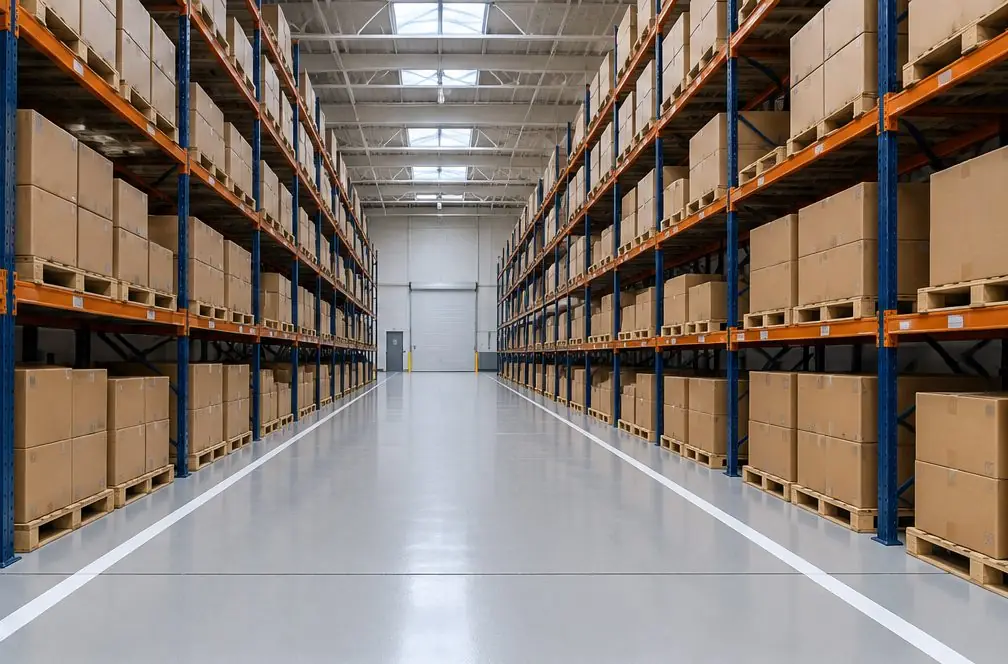 Illustration: a warehouse aisle in gray epoxy with painted lane lines, a filled control joint and pallet racking on both sides